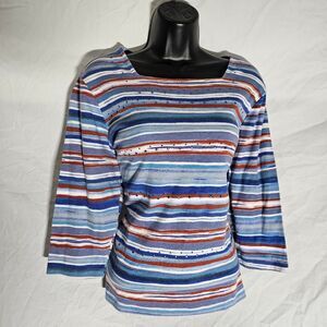Vintage 90s y2k red white blue striped 3/4 sleeve tee